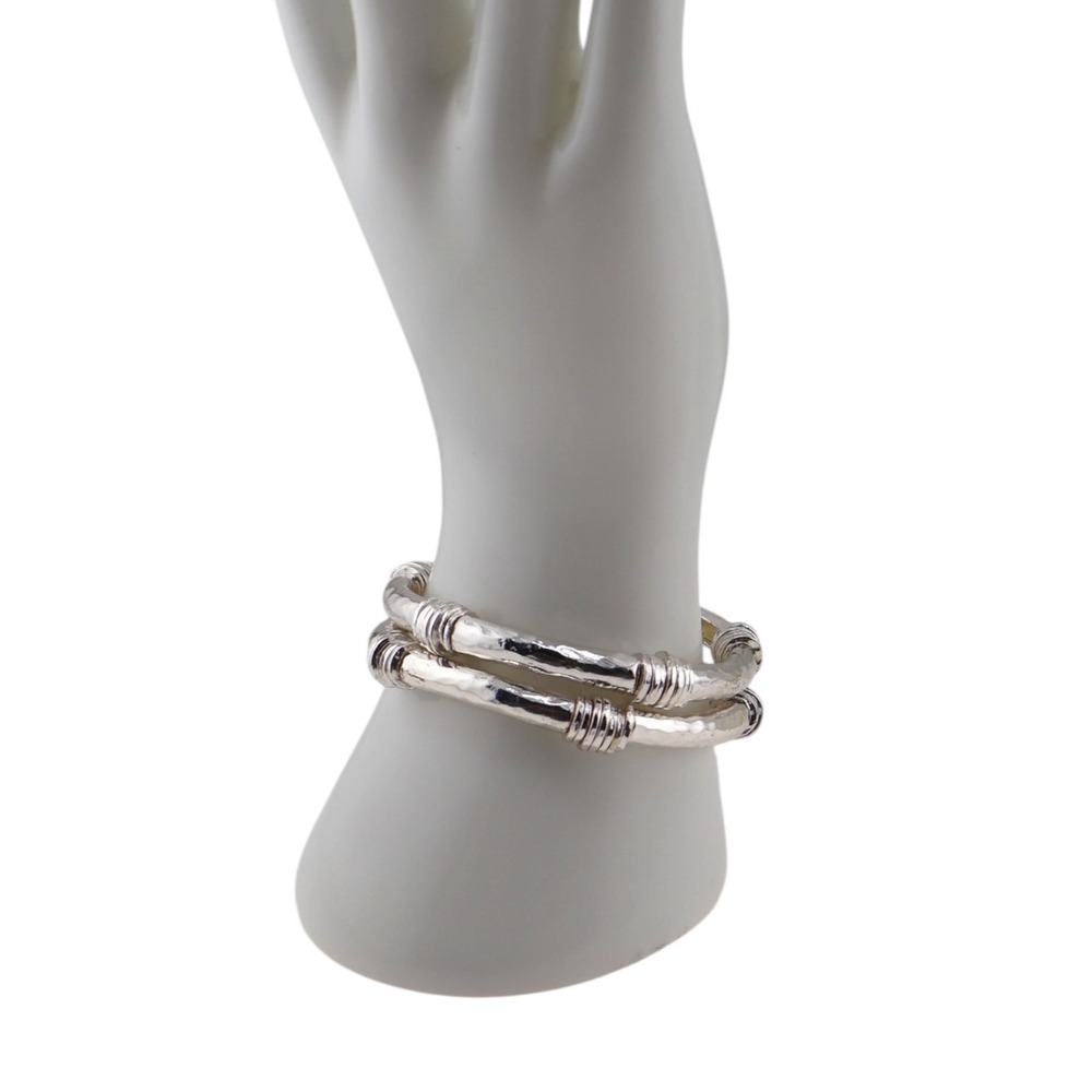 Chicos Eden Hammered Silver Stretch Bangle Set Stacked Bracelets Boho Luxe NWT